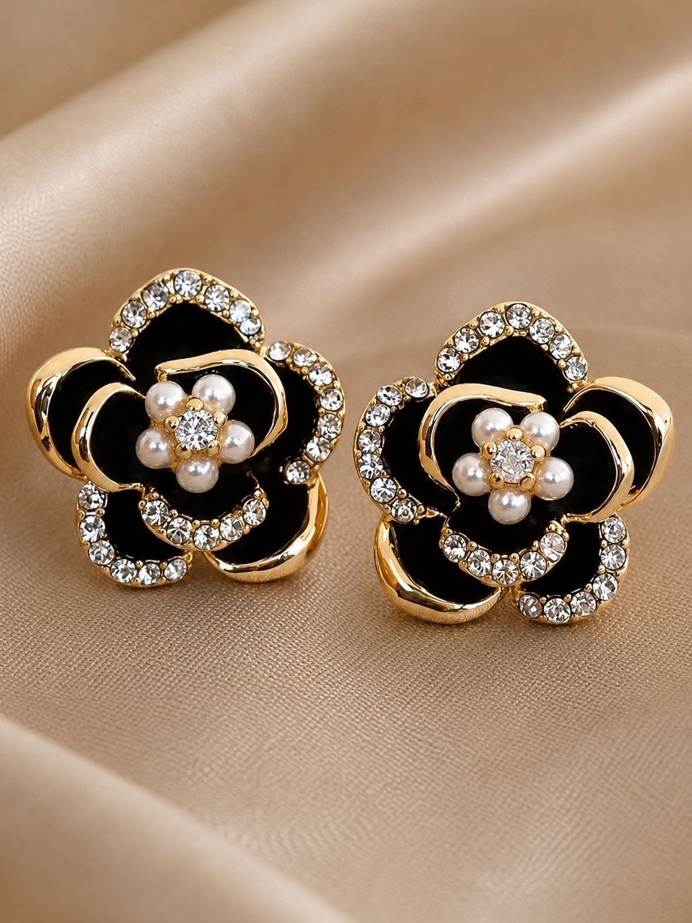 Black and Gold Floral Pearl Crystal Stud Earrings - Picture 1 of 5